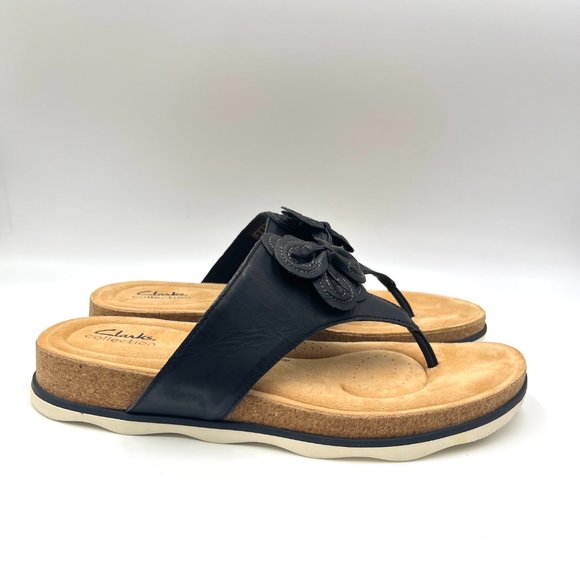 Clarks Womens Size 12 Brynn Style Black Leather Slip On Floral Sandals Shoes - Picture 1 of 13